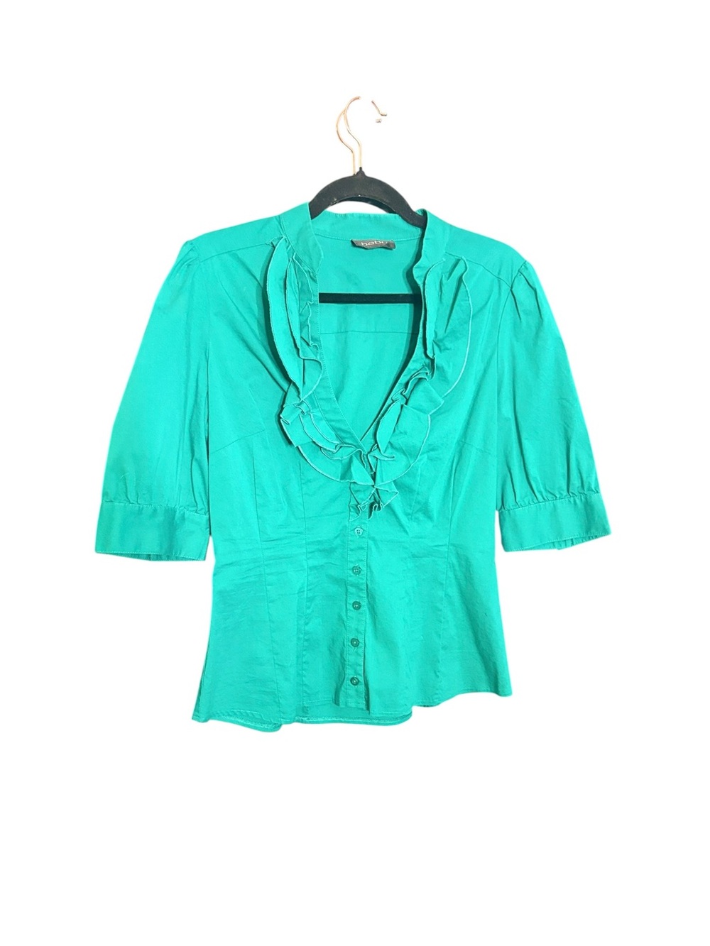 BeBe Bright Teal Ruffle V-Neck 3/4 Sleeve Button Front Cinched Waist Blouse sz M